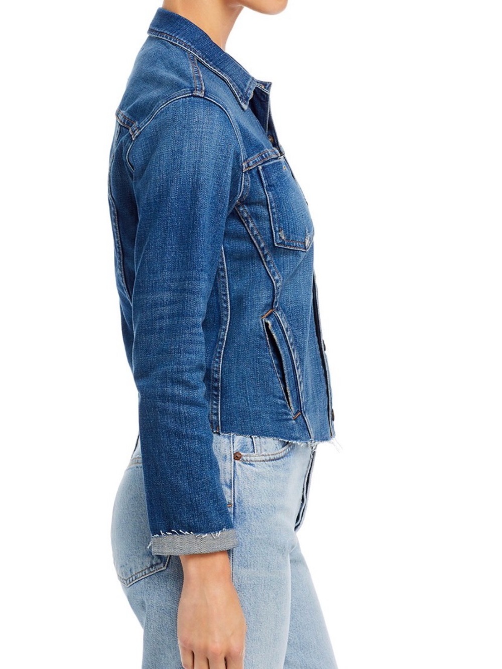 L’AGENCE Classic Blue Denim Jacket Raw Hem slim fit size S - Picture 4 of 6